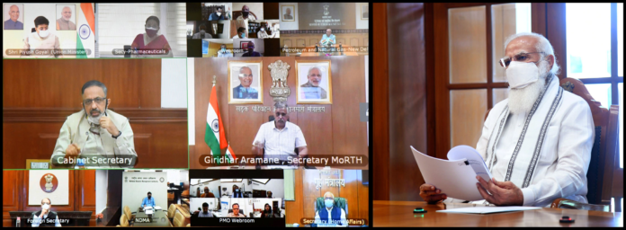 The Prime Minister, Shri Narendra Modi holds a high-level meeting on oxygen supply and availability, through video conferencing, in New Delhi on April 22, 2021.