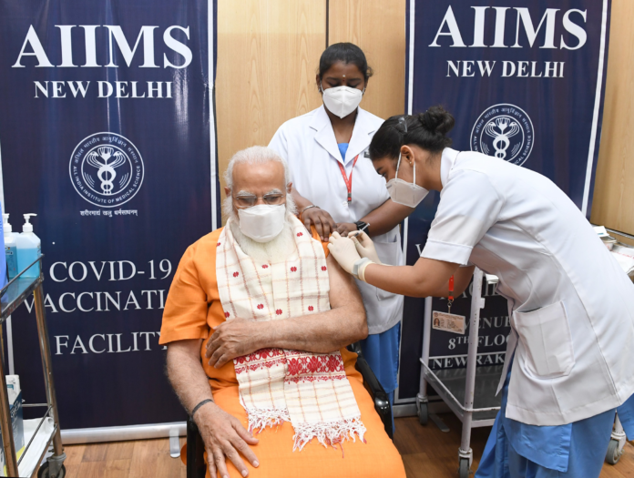 The Prime Minister, Shri Narendra Modi takes second dose of the COVID-19 vaccine, at AIIMS, New Delhi on April 08, 2021.