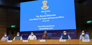 Recommendations of 43rd GST Council meeting – Full exemption from IGST upto 31.08.2021 on Covid-19 related medical goods The Union Minister for Finance and Corporate Affairs, Smt. Nirmala Sitharaman addressing a press conference post 43rd GST Council meeting, in New Delhi on May 28, 2021. The Minister of State for Finance and Corporate Affairs, Shri Anurag Singh Thakur and other dignitaries are also seen.