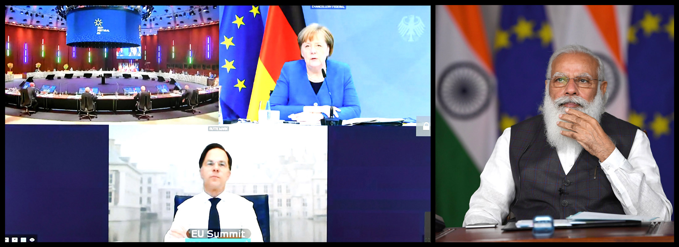 The Prime Minister, Shri Narendra Modi participates in the India-EU Leaders’ Meeting through video conferencing, in New Delhi on May 08, 2021.