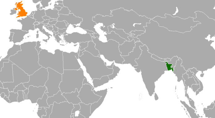 Map indicating locations of Bangladesh and United Kingdom