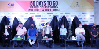 Sports Minister Shri Kiren Rijiju Unveils the Official kit of Team India for the Tokyo 2020 Olympic Games The Minister of State for Youth Affairs & Sports, AYUSH (Independent Charge) and Minority Affairs, Shri Kiren Rijiju at the unveiling ceremony of the Team India Official Olympic Kit, on the occasion of 50 Days Countdown to Tokyo Olympics, on the occasion of 50 Days Countdown to Tokyo Olympics, in New Delhi on June 03, 2021.