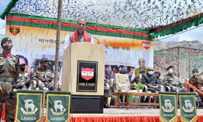 The Union Minister for Defence, Shri Rajnath Singh addressing the veterans, at Leh, Ladakh on June 27, 2021.