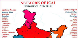 Map of India showing the jurisdictions of the five Regional Councils of ICAI
