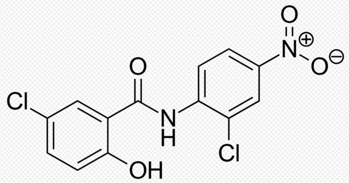 Skeletal formula of niclosamide. Created using ACD - ChemSketch 10.0, Inkscape, and vim.