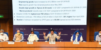 Highest ever merchandise exports in a quarter (Q1 2021-22 USD 95 billion) in the history of India The Union Minister for Railways, Commerce & Industry and Consumer Affairs, Food & Public Distribution, Shri Piyush Goyal addressing a press conference on initiatives pertaining to the Ministry of Commerce and Industry, in New Delhi on July 02, 2021. The Minister of State for Housing & Urban Affairs, Civil Aviation (Independent Charge) and Commerce & Industry, Shri Hardeep Singh Puri, the Minister of State for Commerce and Industry, Shri Som Parkash and other dignitaries are also seen.