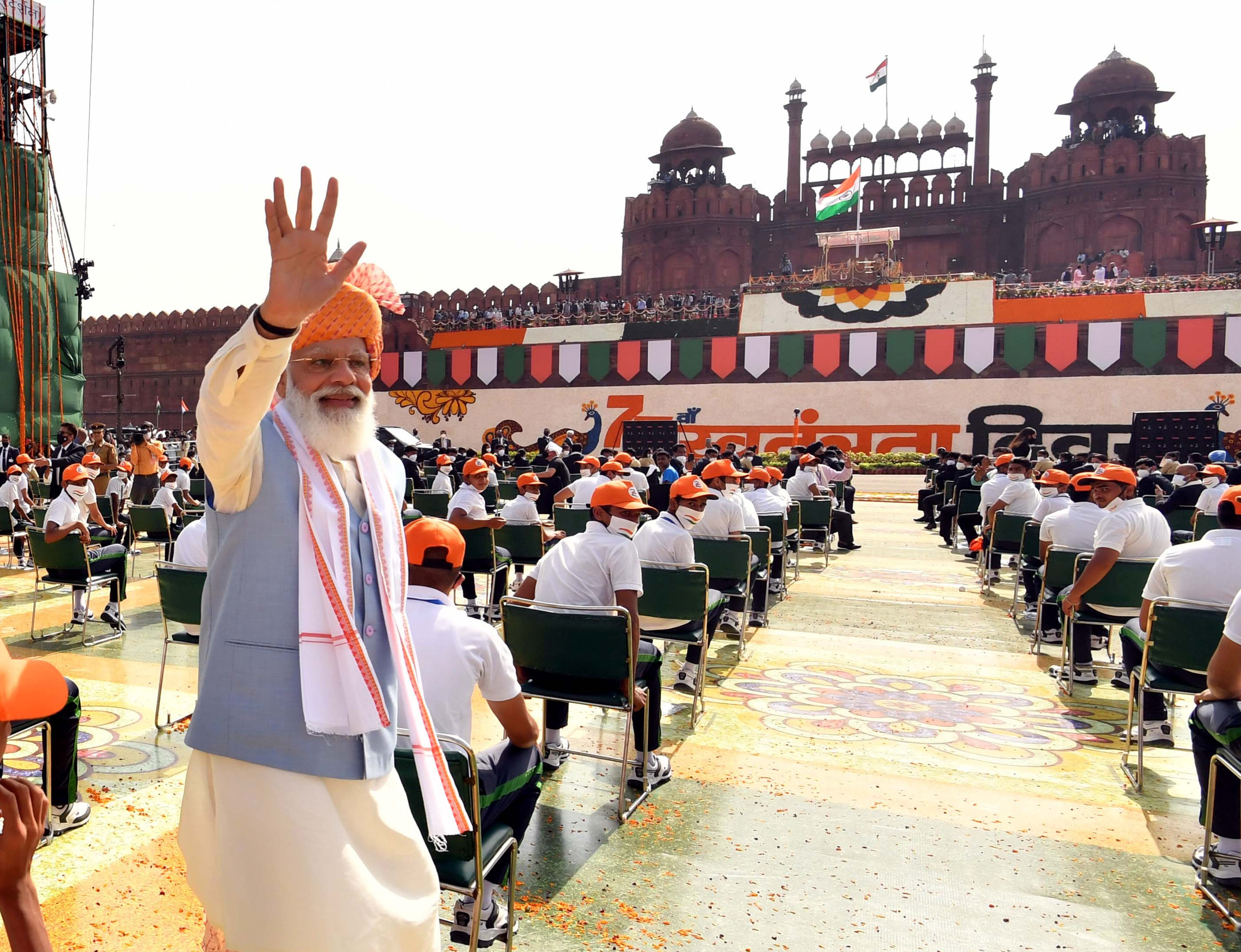 The Prime Minister, Shri Narendra Modi after addressing the Nation on the occasion of 75th Independence Day from the ramparts of Red Fort, in Delhi on August 15, 2021.