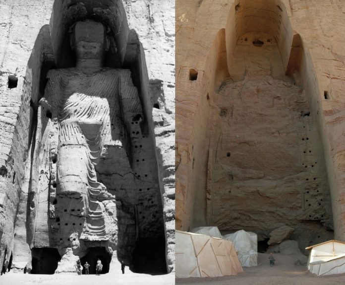 Taller Buddha of Bamiyan before and after destruction by Wikipedia