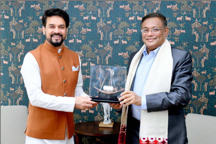 The Minister for Information & Broadcasting of Bangladesh, Dr. Hasan Mahmud meeting the Union Minister for Information & Broadcasting, Youth Affairs and Sports, Shri Anurag Singh Thakur, in New Delhi on September 07, 2021