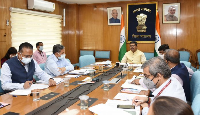 The Union Minister for Education, Skill Development and Entrepreneurship, Shri Dharmendra Pradhan virtually meeting the Vice Chancellors of 45 Central Universities under the Ministry of Education, in New Delhi on September 03, 2021.