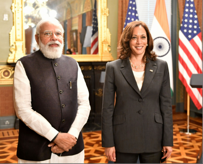 The Prime Minister, Shri Narendra Modi in a Bilateral Meeting with the Vice President of the United States of America, Ms. Kamala Harris, in Washington DC, USA on September 23, 2021.