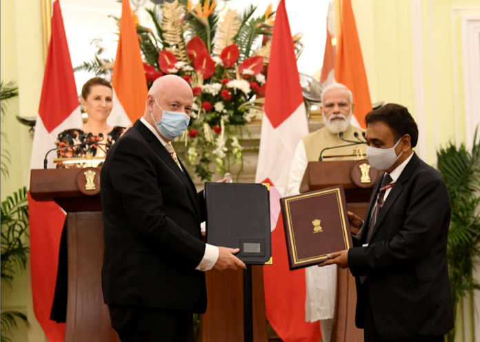 The Prime Minister, Shri Narendra Modi and the Prime Minister of Kingdom of Denmark, Ms. Mette Frederiksen witnessing the exchange of agreements between India and Denmark, at Hyderabad House, in New Delhi on October 09, 2021