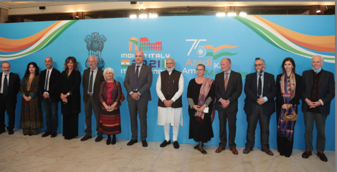 The Prime Minister, Shri Narendra Modi with the Indologists and Sanskrit experts from Italian Universities, in Rome, Italy on October 29, 2021.