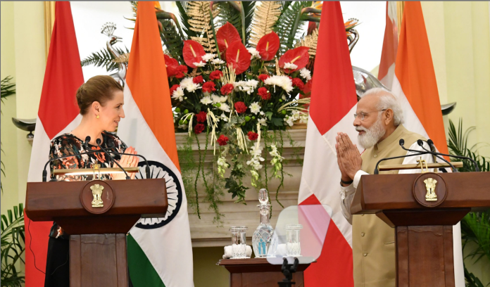 The Prime Minister, Shri Narendra Modi and the Prime Minister of Kingdom of Denmark, Ms. Mette Frederiksen at the Joint Press Statements, at Hyderabad House, in New Delhi on October 09, 2021.
