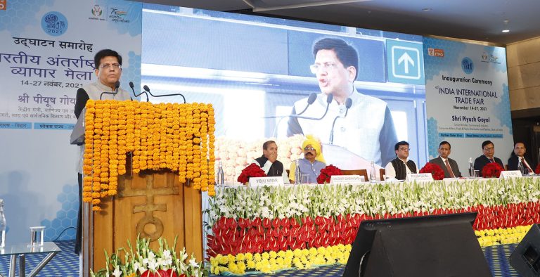 The Union Minister for Commerce & Industry, Consumer Affairs, Food & Public Distribution and Textiles, Shri Piyush Goyal addressing at the inauguration of the 40th India International Trade Fair, in New Delhi on November 14, 2021.