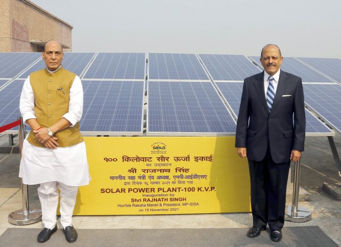 The Union Minister for Defence, Shri Rajnath Singh inaugurating the 100 KW Grid connected rooftop solar power plant at Manohar Parrikar Institute for Defence Studies and Analyses, in New Delhi on November 15, 2021.