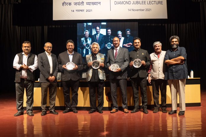 L-R- Prof Manish Thakur Dean, Prof Uttam Kumar Sarkar, Director IIMC, Srinath Narasimhan, Sunil Kumar Alagh , Dr. Vallabh Sambamurthy ,Dr. K. V. Subramanian, Shri Shrikrishna , Chairperson , Prof Bhaskar Chakrabarti, Dean