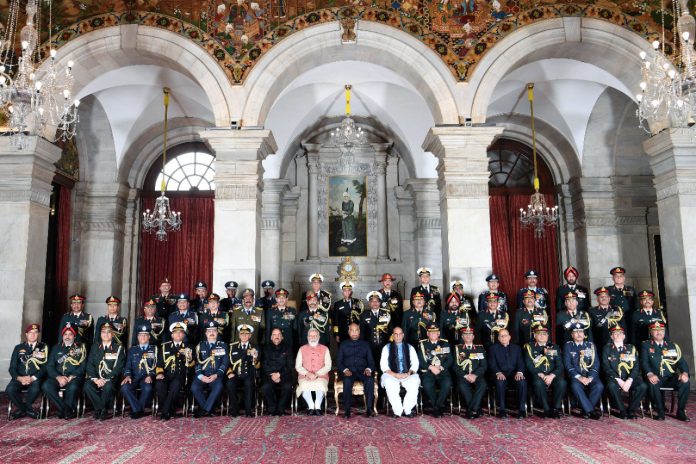 The President, Shri Ram Nath Kovind, the Prime Minister, Shri Narendra Modi, the Union Minister for Defence, Shri Rajnath Singh and other dignitaries at the Defence Investiture Ceremony-III, at Rashtrapati Bhavan, in New Delhi on November 23, 2021.