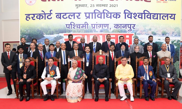 The President, Shri Ram Nath Kovind at the centenary celebrations of Harcourt Butler Technical University, in Kanpur, Uttar Pradesh on November 25, 2021. The Governor of Uttar Pradesh, Smt. Anandiben Patel and other dignitaries are also seen.