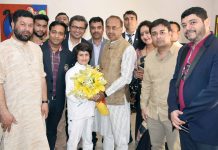 8-year-old World Kickboxing champion Tajamul Islam from J&K, meeting the Minister of State for Youth Affairs and Sports (I/C), Water Resources, River Development and Ganga Rejuvenation, Shri Vijay Goel, in New Delhi on March 22, 2017.