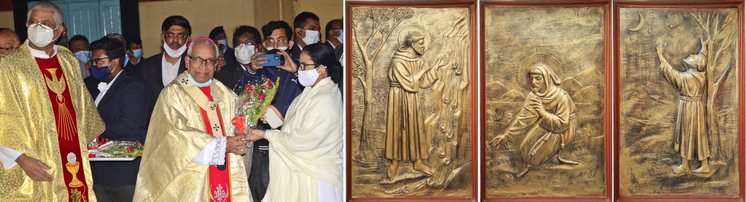 Father Franklin Menezes, Pro Vicar, His Grace Thomas D'Souza, Archbishop of Catholic Diocese of Calcutta, welcoming Chief Minister Mamata Banerjee at The Cathedral of the Most Holy Rosary in Kolkata on Christmas Eve. The chief minister also inaugurated a special exhibition on St Francis Assisi the patron saint of environment and originator of the tradition of cribs on Christmas Eve.
