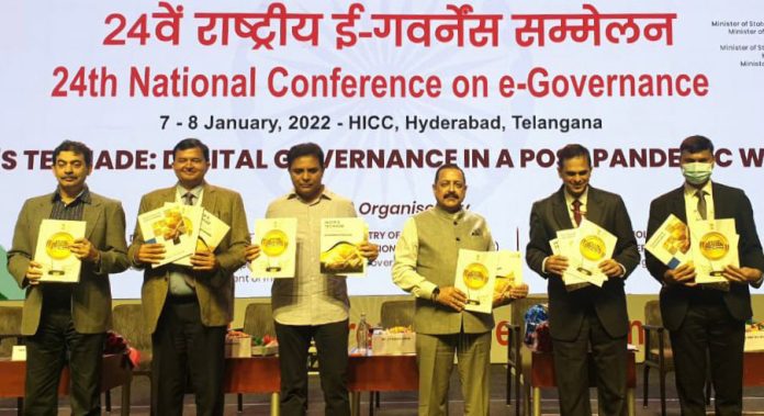 The Minister of State for Science & Technology and Earth Sciences (I/C), Prime Ministers Office, Personnel, Public Grievances & Pensions, Atomic Energy and Space, Dr. Jitendra Singh at the 24th Conference on e-Governance, in Hyderabad on January 07, 2022.