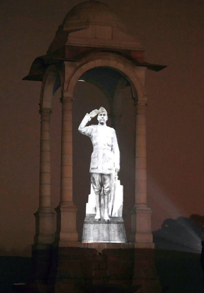 Hologram of the statue of Netaji Subhas Chandra Bose unveiled by the PM, on the occasion of the Parakram Diwas celebrations, at India Gate, in New Delhi on January 23, 2022.