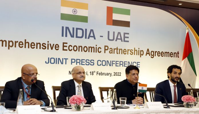 The Union Minister for Commerce & Industry, Consumer Affairs, Food & Public Distribution and Textiles, Shri Piyush Goyal and the Minister of Economy of UAE, Mr. Abdulla bin Touq Al Marri addressing a Joint Press Conference, in New Delhi on February 18, 2022.