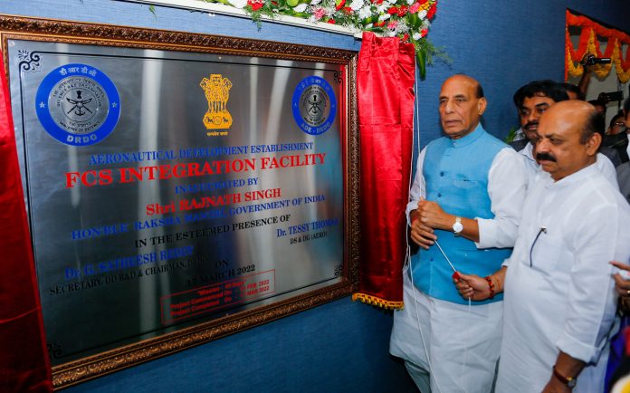 The Union Minister for Defence, Shri Rajnath Singh inaugurating the Flight Control System Integration facility at Aeronautical Development Establishment, a laboratory of DRDO, in Bengaluru, Karnataka on March 17, 2022. The Chief Minister of Karnataka, Shri Basavaraj Bommai and the Secretary, Department of Defence, R&D and Chairman, DRDO, Dr. G Satheesh Reddy are also seen.