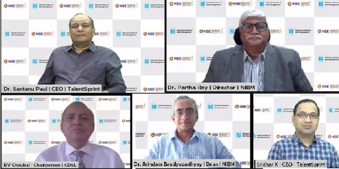 (Top row L-R) Dr Santanu Paul, CEO & Managing Director, TalentSprint; Dr Partha Ray, Director, NIBM & (Bottom row L-R) Shri. B.V. Chaubal, Chairperson, Central Depository Services (India) Limited (CDSL); Dr Arindam Bandyopadhyay, Associate Professor, Dean Education, and Associate Dean (Consultancy), NIBM & Mr Sridhar K, Chief Business Officer, TalentSprint; announcing an Advanced Programme in Banking & Leadership for a Digital World; a collaborative initiative between TalentSprint & National Institute of Bank Management (NIBM); at a Virtual Press Conference, today.