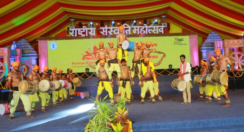 The Oggu Dolu performance being presented by folk artists from Telangana, on first day of the Rashtriya Sanskriti Mahotsav 2022, being hosted by the Union Ministry of Culture, Government of India, at the Arts & Science College Grounds, Warangal, today.