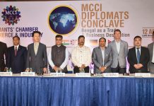(L-R) : Mr. Yemi Odanye, Deputy Head of Mission, British Deputy High Commission, Mr. Eshor Raj Poudel, Consul General of Nepal, Mr. Zha Liyou, Consul General of the People's Republic of China, Mr. Rishabh C Kothari, President, MCCI, Mr.P. Kamalakanth, Executive Director, WBIDC, Mr. Lalit Beriwala, Sr. Vice President, MCCI, Mr. Manfred Auster, Consul General of the Federal Republic of Germany, Mr. Yamasaki Matsutaro, Acting Consul General of Japan and Mr.Namit Bajoria, Vice President, MCCI at the MCCI Diplomats Conclave, 'Bengal as a Trade & Business Destination' held today at Lalit Great Eastern, Kolkata.