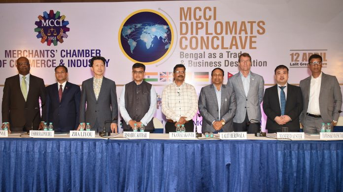 (L-R) : Mr. Yemi Odanye, Deputy Head of Mission, British Deputy High Commission, Mr. Eshor Raj Poudel, Consul General of Nepal, Mr. Zha Liyou, Consul General of the People's Republic of China, Mr. Rishabh C Kothari, President, MCCI, Mr.P. Kamalakanth, Executive Director, WBIDC, Mr. Lalit Beriwala, Sr. Vice President, MCCI, Mr. Manfred Auster, Consul General of the Federal Republic of Germany, Mr. Yamasaki Matsutaro, Acting Consul General of Japan and Mr.Namit Bajoria, Vice President, MCCI at the MCCI Diplomats Conclave, 'Bengal as a Trade & Business Destination' held today at Lalit Great Eastern, Kolkata.