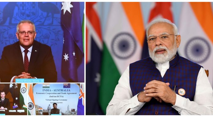 PM addressing at the virtual signing ceremony of the India-Australia Economic Cooperation and Trade Agreement (IndAus ECTA), in New Delhi on April 02, 2022.