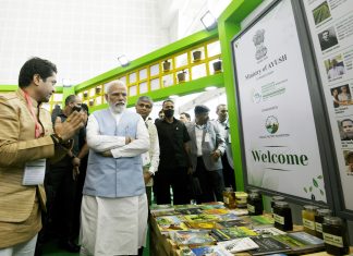 PM visits the exhibition, during the Global AYUSH Investment & Innovation Summit, in Gandhinagar, Gujarat on April 20, 2022.
