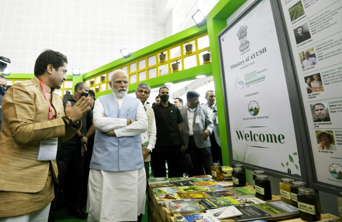 PM visits the exhibition, during the Global AYUSH Investment & Innovation Summit, in Gandhinagar, Gujarat on April 20, 2022.