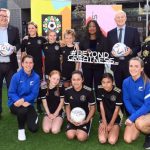 (L-R) Grant Robertson, New Zealand Deputy Prime Minister, with Fatma Samoura, FIFA Secretary General (third from right), Phil Goff, Mayor of Auckland, and Johanna Wood (NZ Football President, OFC Executive Committee Member and FIFA Council Member) with players during the FIFA Women's World Cup 2023 Draw announcement in Auckland on Friday 13 May 2022.