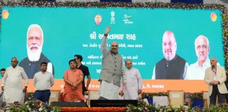 The Union Minister for Home Affairs and Cooperation, Shri Amit Shah at the foundation stone laying ceremony of renovation works of Shela Pond in Sanand, Gujarat on June 12, 2022.