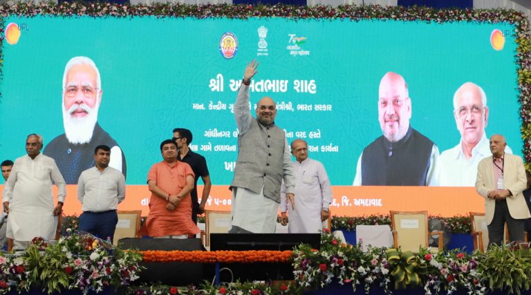 The Union Minister for Home Affairs and Cooperation, Shri Amit Shah at the foundation stone laying ceremony of renovation works of Shela Pond in Sanand, Gujarat on June 12, 2022.