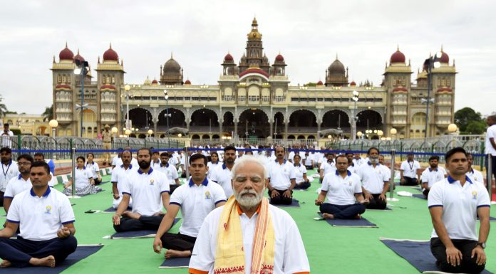PM participates in the mass yoga demonstration, on the occasion of the 8th International Day of Yoga 2022, at Mysore Palace Ground, in Mysuru, Karnataka on June 21, 2022.