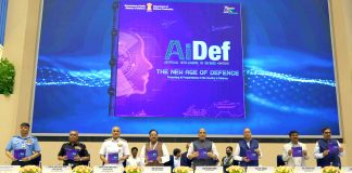 The Union Minister for Defence, Shri Rajnath Singh releasing a book on 75 artificial intelligence products launched during the Artificial Intelligence in Defence exhibition and symposium, in New Delhi on July 11, 2022.