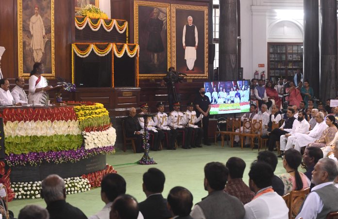 Smt. Droupadi Murmu addressing the gathering after taking oath of the office of the President of India, at a swearing-in ceremony in the Central Hall of Parliament, in New Delhi on July 25, 2022.