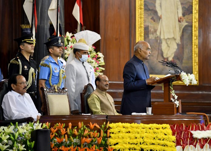 The outgoing President, Shri Ram Nath Kovind delivering the farewell address during the function, in Central Hall, Parliament House, in New Delhi on July 23, 2022.