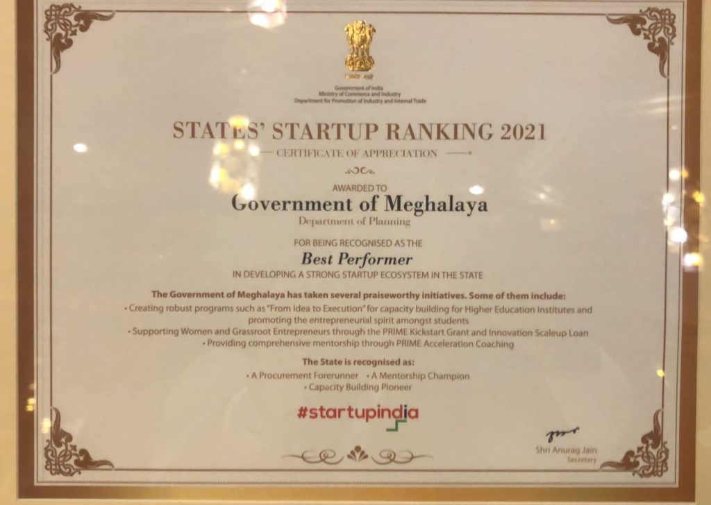 Meghalaya Best Performer National Startup Rankings -2021_1