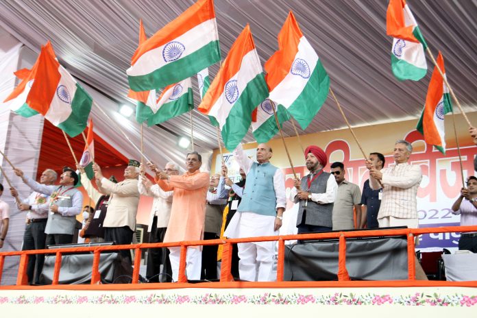 The Union Minister for Defence, Shri Rajnath Singh at the event organised to commemorate Kargil Vijay Diwas, in Jammu on July 24, 2022.