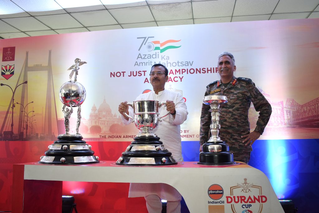 L-R)- Shri. Aroop Biswas, Hon. Minister for Power, Minister for Youth Services and Sports and Minister for Housing, Government of West Bengal and Lt. Gen. K. K. Repswal, SM, VSM, Chief of Staff, Eastern Command & Chairman Durand Organising Committee, posing with the Durand Trophies at the curtain-raiser event in Kolkata