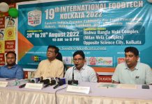 Mr Zakir Hossain, Convenor, announcing 19th International Foodtech Kolkata 2022 - Eastern Region's biggest food and hospitality exhibition - flanked by on the left Mr Pratik Chandra of Paschim Banga Chanachur Byabsai Samiti, Mr Dhiman Das, President, Sweet & Savourite Entrepreneurs Association of Bengal and (on the right) Mr Rajat Budhraja, Chairman, All India Food Processors' Association , Eastern Chapter. Over 130 Indian and foreign companies and leading brands are participating this year at the Mega Expo supported by seven leading trade Associations.