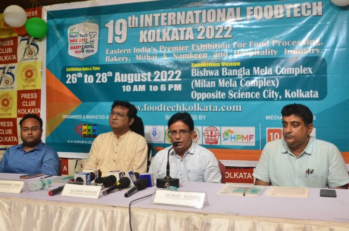 Mr Zakir Hossain, Convenor, announcing 19th International Foodtech Kolkata 2022 - Eastern Region's biggest food and hospitality exhibition - flanked by on the left Mr Pratik Chandra of Paschim Banga Chanachur Byabsai Samiti, Mr Dhiman Das, President, Sweet & Savourite Entrepreneurs Association of Bengal and (on the right) Mr Rajat Budhraja, Chairman, All India Food Processors' Association , Eastern Chapter. Over 130 Indian and foreign companies and leading brands are participating this year at the Mega Expo supported by seven leading trade Associations.