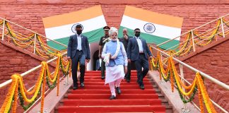 PM after addressing the Nation on the occasion of 76th Independence Day from the ramparts of Red Fort, in Delhi on August 15, 2022.