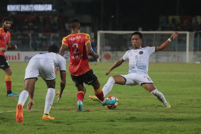 East Bengal club (red and yellow jersey) played against Rajasthan United FC (white jersey) in the match 19 for the group B, during the Durand cup football 2022 played at 6 KISHORE BHARATI KRIRANGAN on 25-08-2022